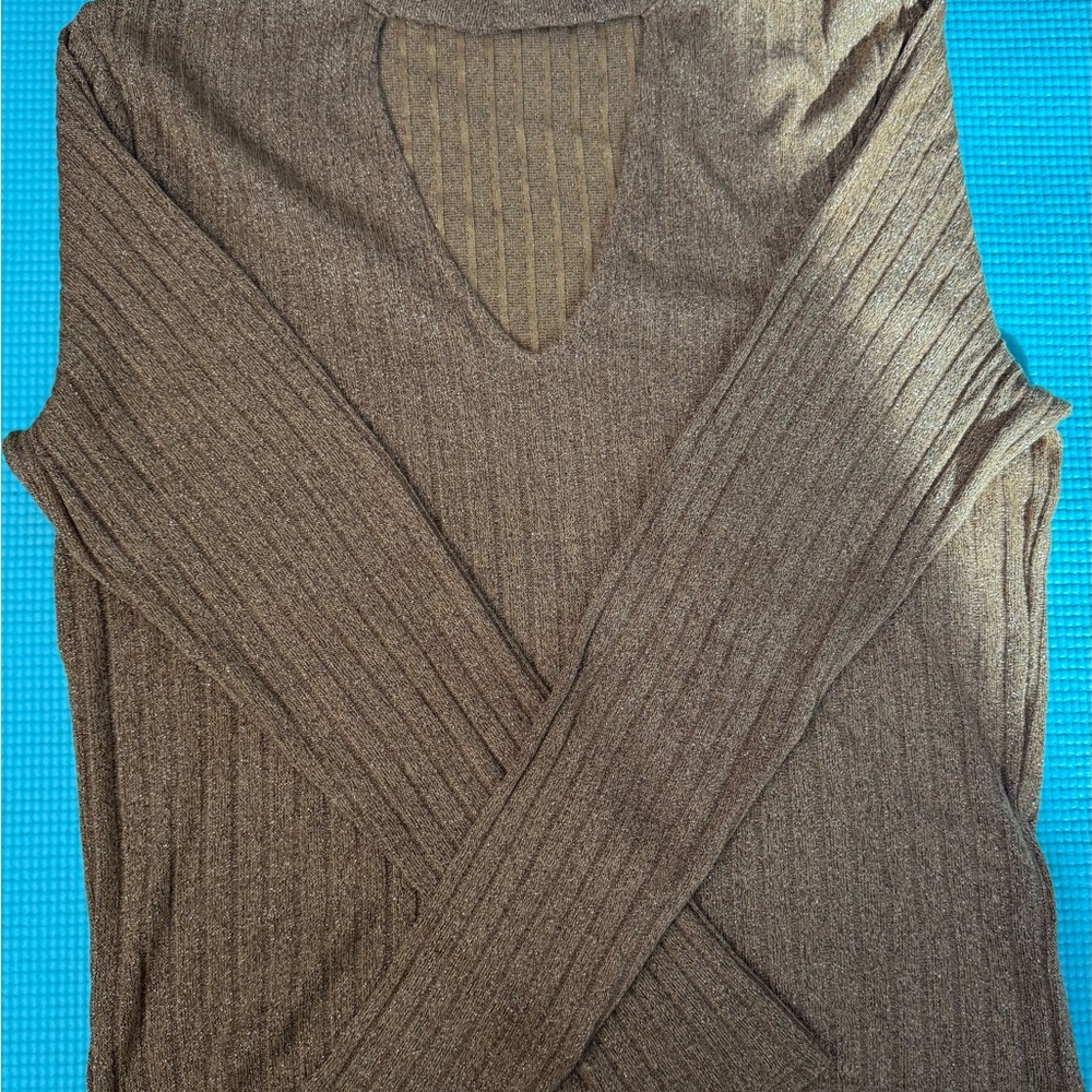 Gold Glitter Ribbed V-Neck Sweater